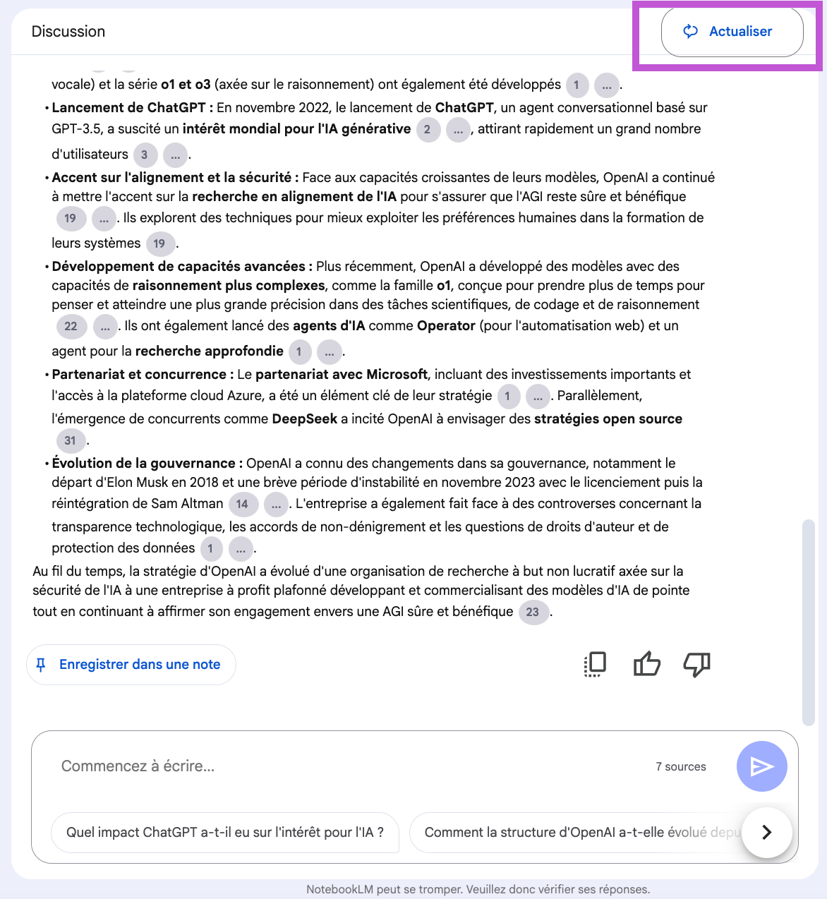 Actualiser note Google NotebookLm