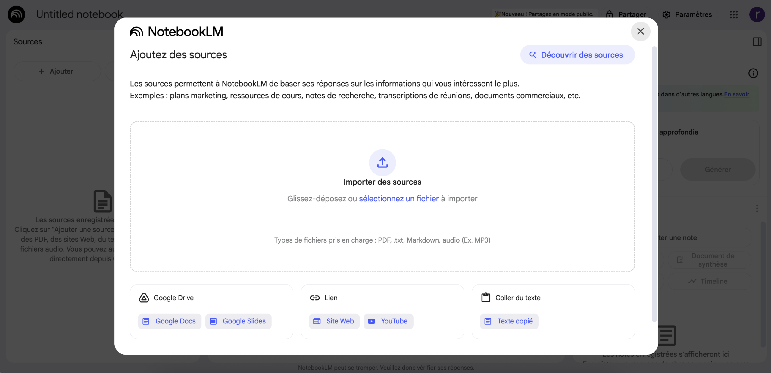 Ajouter sources Google NotebookLM