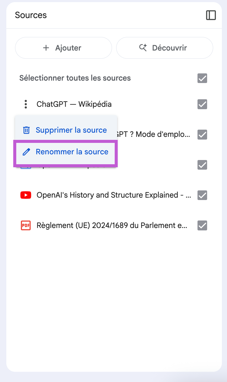 Renommer une source Google NotebookLm