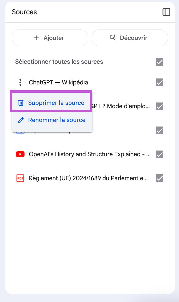 Supprimer source Google NotebookLm